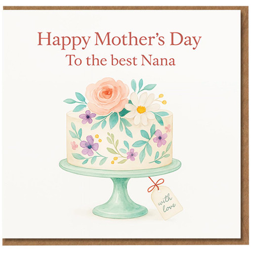 Mother's Day Card for Nana - Floral Cake Illustration with 'Happy Mother's Day To the Best Nana' - Elegant Watercolour Style, With Love Tag - Grandmother/Nana Card