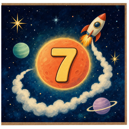 7th Birthday Card, Space Rocket and Planet Design