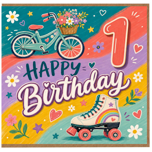 1st Birthday Card, Happy Birthday Bicycle and Roller Skate Design