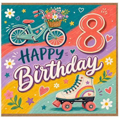 8th Birthday Card, Colourful Bicycle and Roller Skate Design