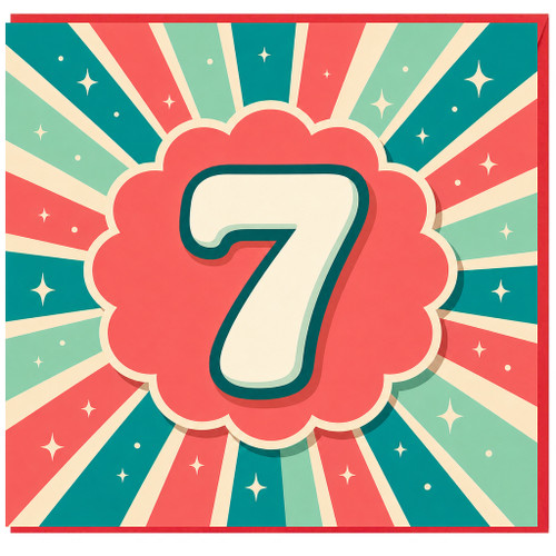 7th Birthday Card, Retro Sunburst Number 7 Card