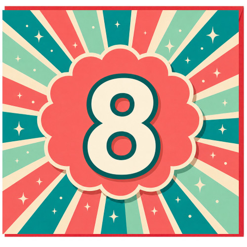 8th Birthday Card, Retro Starburst Number 8 Card