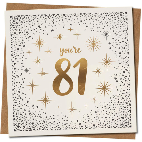 81st Birthday Card - You're 81 - Gold Stars and Confetti Design - 145mm x 145mm Square -, Includes Kraft Envelope