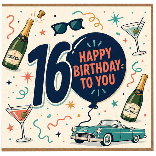 16th Birthday Card, Fun Celebration Card with Drinks, Retro Car and Happy Birthday Design