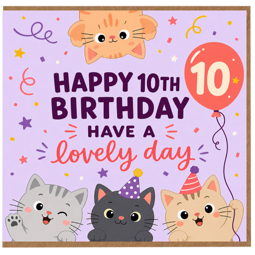 10th Birthday Card, Cute Cats and Balloon Party Card