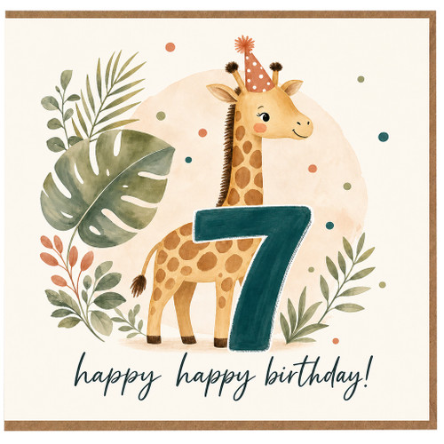 7th Birthday Card, Cute Giraffe Birthday Card