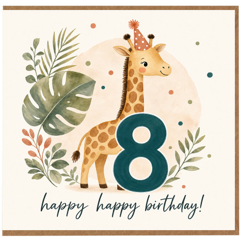 8th Birthday Card, Cute Giraffe Happy Birthday Card