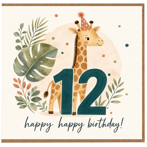 12th Birthday Card, Giraffe Happy Birthday Card for 12 Year Old