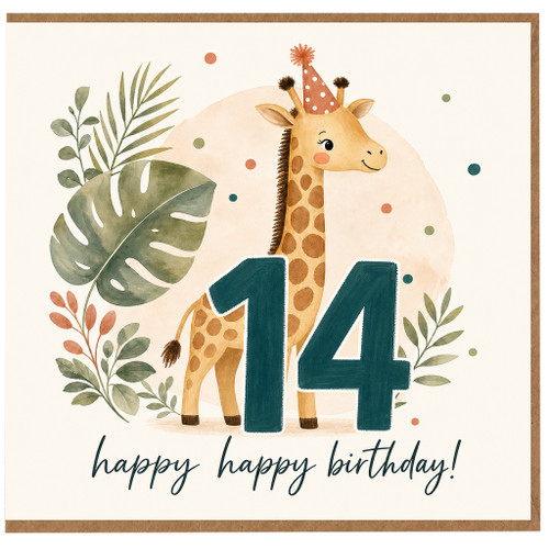 14th Birthday Card, Cute Giraffe Birthday Card, Happy Happy Birthday Card