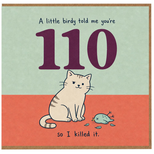110th Birthday Card, Funny Cat and Bird Joke Card