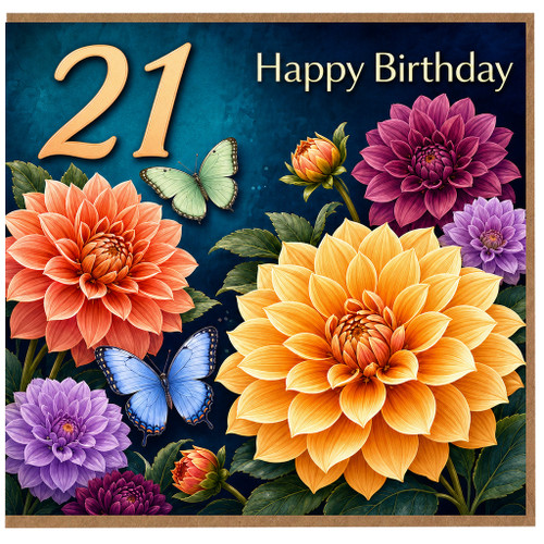21st Birthday Card, Floral Butterfly Happy Birthday Card