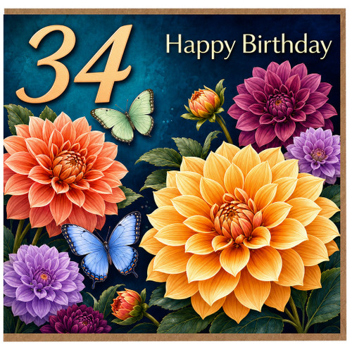 34th Birthday Card, Happy Birthday Floral Butterfly Card