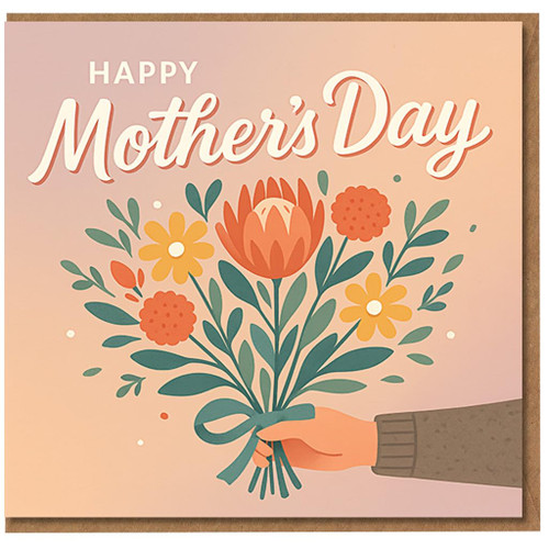 Happy Mother's Day Card - Hand Holding Floral Bouquet Illustration on Warm Pastel Background - For Mum