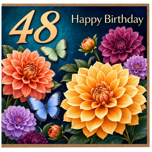48th Birthday Card, Happy Birthday Floral Card with Butterflies