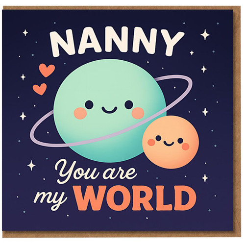 Nanny You Are My World Card - Cute Planets and Hearts Space Design - Grandmother Mother's Day, Birthday or Thank You Greeting