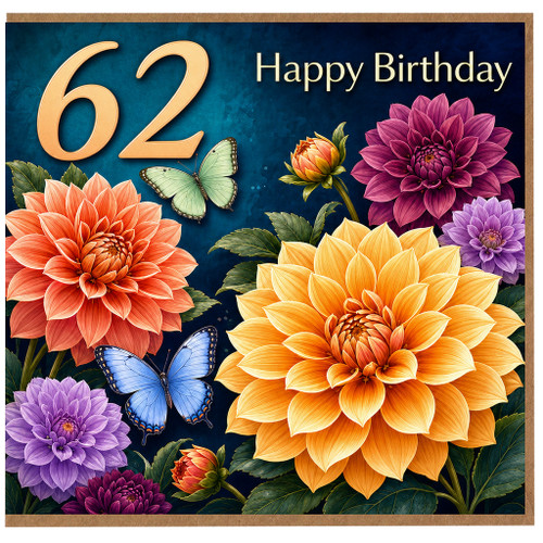 62nd Birthday Card, Floral Happy Birthday Card with Butterflies