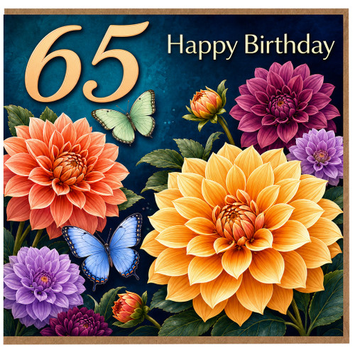 65th Birthday Card, Floral Dahlia and Butterfly Design