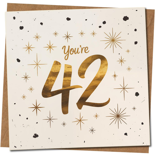 You're 42 Birthday Card - Gold Starburst Design - 145mm x 145mm - Elegant Square Card, Includes Kraft Envelope