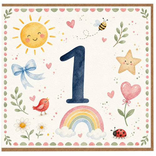 1st Birthday Card, Cute Watercolour Number 1 Card