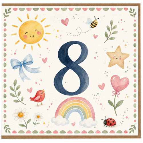 8th Birthday Card, Cute Watercolour Number 8 Card