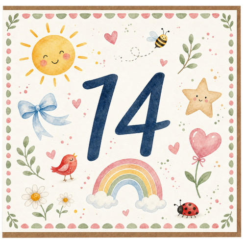 14th Birthday Card, Cute Watercolour Number 14 Card