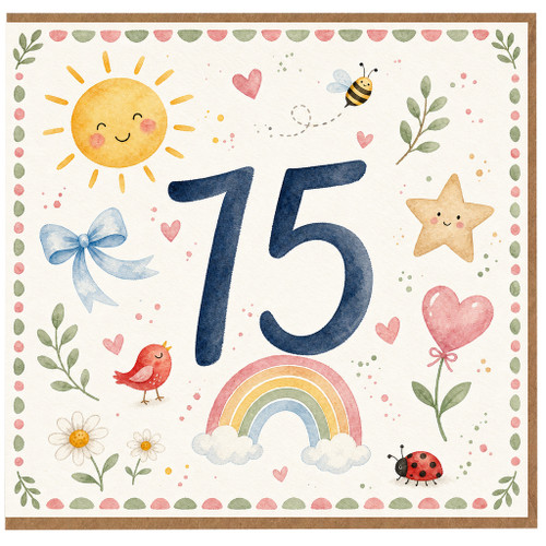 15th Birthday Card, Cute Watercolour Sun and Rainbow Design