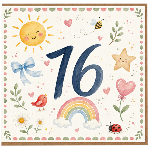 16th Birthday Card, Cute Watercolour Animals and Rainbow Design