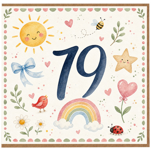 19th Birthday Card, Rainbow, Bee and Hearts