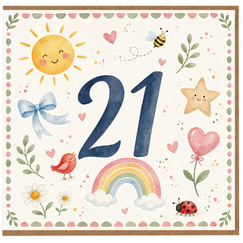 21st Birthday Card, Cute Watercolour Number 21 Birthday Card