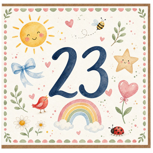 23rd Birthday Card, Cute Watercolour Floral and Rainbow Design