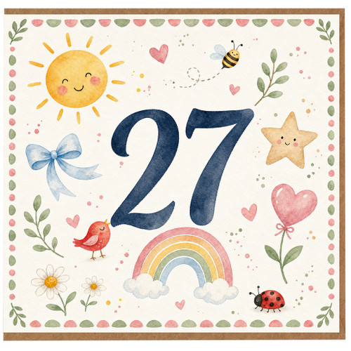27th Birthday Card, Cute Watercolour Sun Rainbow Bee and Hearts Design