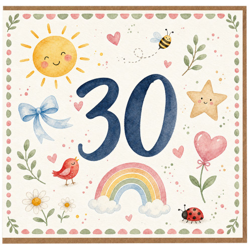 30th Birthday Card, Cute Watercolour Floral and Rainbow Design