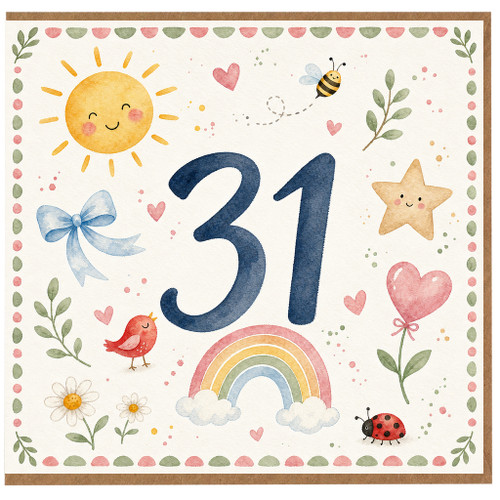31st Birthday Card, Cute Watercolour Floral Number 31 Birthday Card