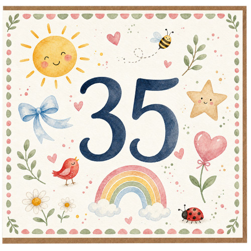 35th Birthday Card, Cute Watercolour Animal and Rainbow Design