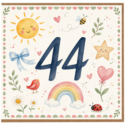 44th Birthday Card, Cute Watercolour Number 44 Card with Sun, Rainbow and Hearts
