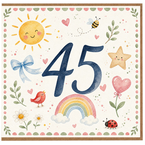 45th Birthday Card, Cute Watercolour Sun Rainbow Hearts Design