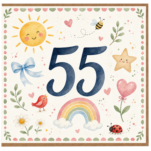 55th Birthday Card, Cute Watercolour Floral and Animal Design