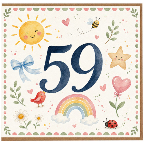 59th Birthday Card, Cute Watercolour Sun Rainbow Hearts and Flowers