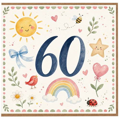 60th Birthday Card, Cute Watercolour Rainbow Sun and Hearts