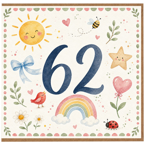 62nd Birthday Card, Cute Watercolour Wildlife and Rainbow Design