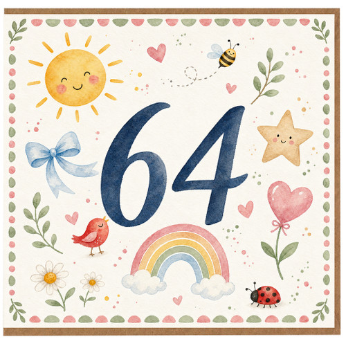 64th Birthday Card, Cute Watercolour Number 04 Card, Children's Birthday Card