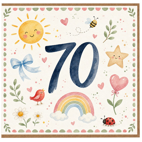 70th Birthday Card, Watercolour Cute Illustrated Birthday Card for Him or Her