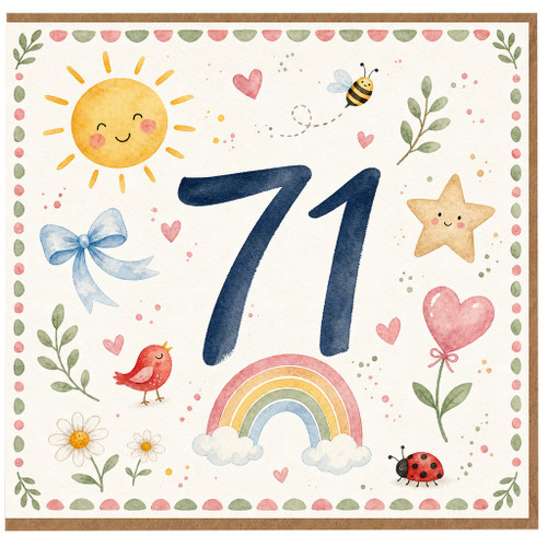 71st Birthday Card, Cute Watercolour Rainbow and Animal Design
