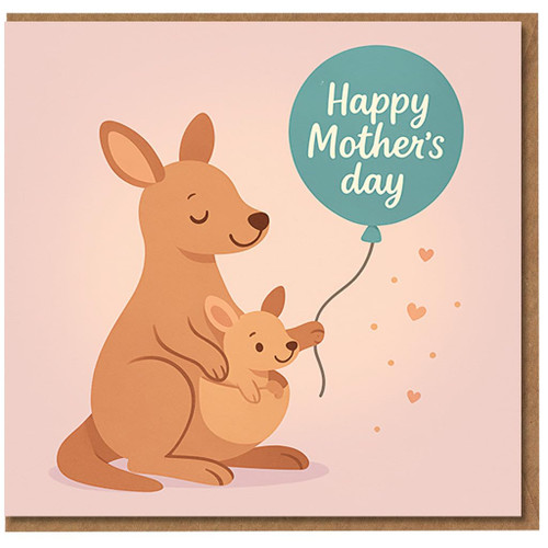 Cute Kangaroo and Joey Mother's Day Card for Mum - Balloon Design with Hearts - Sweet Animal Illustration