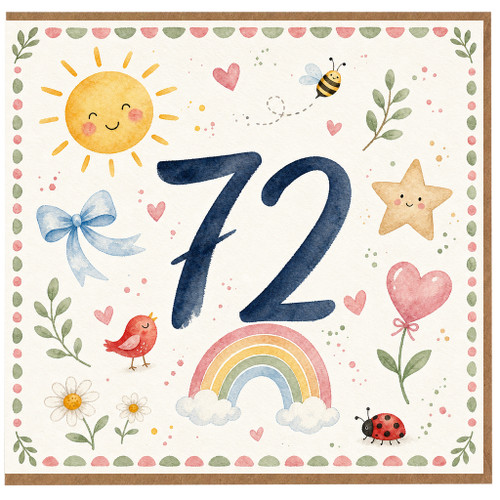 72nd Birthday Card, Cute Watercolour Sun Rainbow and Hearts Card