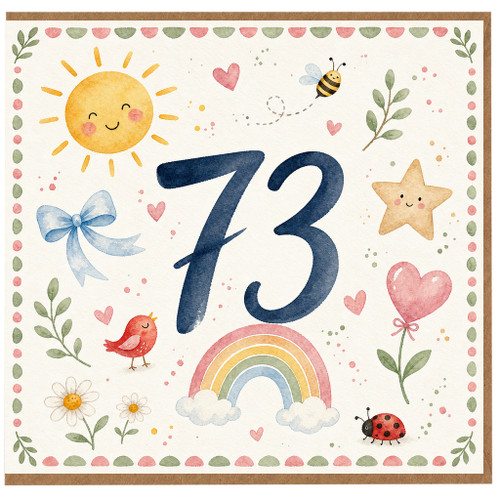73rd Birthday Card, Cute Watercolour Floral and Animals Design