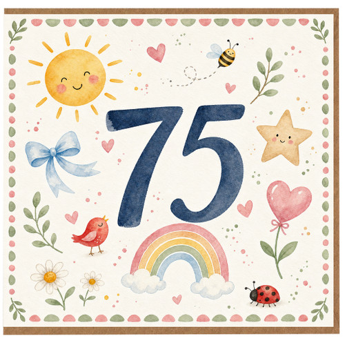 75th Birthday Card, Cute Watercolour Number 75 Card