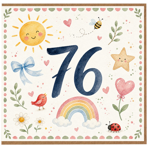 76th Birthday Card, Cute Watercolour Rainbow Sun and Hearts