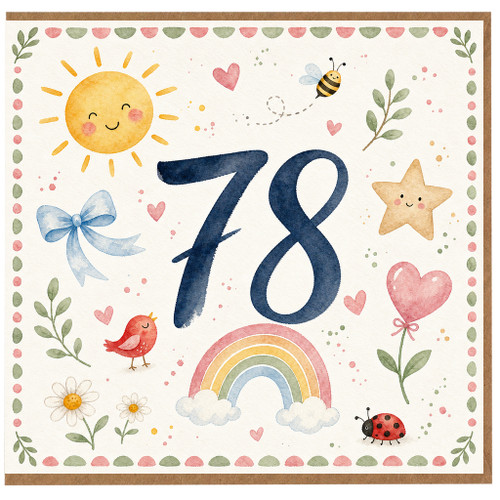 78th Birthday Card, Cute Watercolour Animal and Rainbow Design