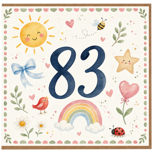 83rd Birthday Card, Watercolour Cute Illustrated Birthday Card